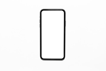 Top view close-up of modern smartphone with empty mockup on screen. Isolated on background of white color.