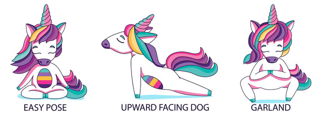 Vector yoga unicorn practice. Pretty little unicorn in yoga poses. Unicorn meditation. Can be used as print, postcard, invitation, greeting card, packaging design, textile, stickers, label, poster.  © daria