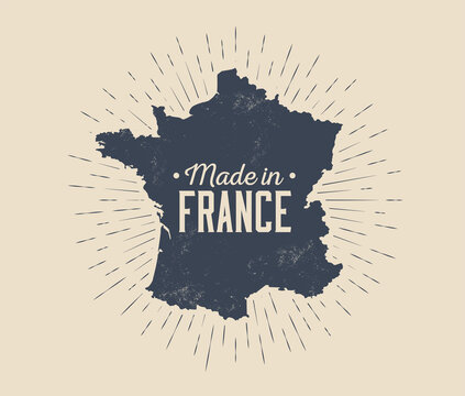 Made in France vintage black and white label or tag or logo or badge design template with France map silhouette and sunburst isolated on light background. Vector illustration