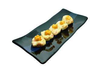 steamed soft minced pork dumpling stuffed sausage on plare