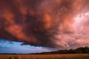 Landscape with majestic colorful dramatic red sky with fluffy clouds at sunset before before a thunderstorm and rain with the spacious field.