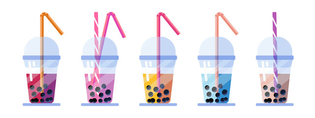 Tapioca Drinks. Set of vector illustrations of multicolored tapioca drinks