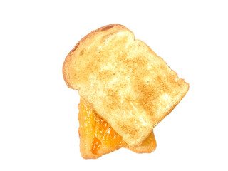 Toast bread with homemade pineapple jam or marmalade, On a white background, toast with honey, Delicious breakfast, Two slices of toast, Close up, Top view