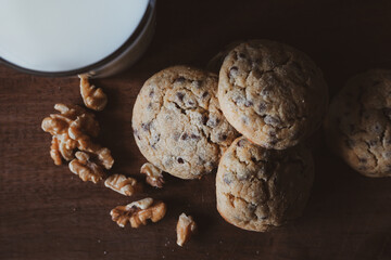 traditional cookies with chocolate and a glass of milk to replenish energy