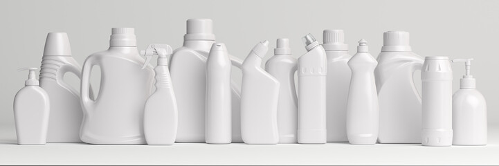 Set of detergent plastic bottles with chemical cleaning product  on white background. - obrazy, fototapety, plakaty