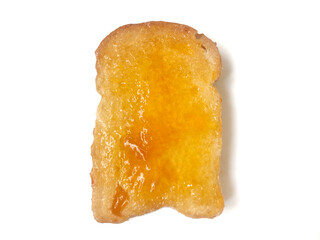 Toast bread with homemade pineapple jam or marmalade, On a white background, toast with honey, Delicious breakfast, Two slices of toast, Close up, Top view