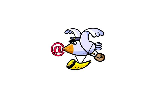 Cartoon carrier pigeon flying with sign at. Postman bird. Message animal symbol seamless loop with alpha channel. Post office symbol. Oldschool new technology messenger. Alpha channel included.