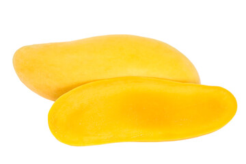 Whole yellow mango with half on white background, Fresh golden mango, Ripe mango slices, Ripe yellow mango, sweet, delicious, Planted in Thailand