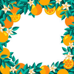 Orange or mandarin tree with leaves, branches and flowers. Decorative border, frame with citrus fruits. Exotic botanical design for menu, invitation, poster, sale banner with copy space for your text.