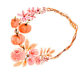 Autumn wreath, flowers and pumpkin. Watercolor illustration. Fall greeting, Halloween theme concept.