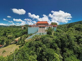 An aerial view of the outside of Puu Jih Shih Temple with Chinese art's design. Sandakan famous temple with tourist visited all the time. One of the tourism places in Sandakan. Sabah, Borneo. Malaysia