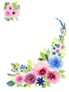 Watercolor of various kinds of flowers border, frame with copy space to put wordings. Hand paint on paper. Good for any Celebrations, festivals concepts or purposes. 