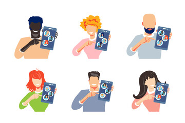 Person holds smartphone with contacts of people. Concept Choose person. Contact list, phonebook icon. Call a friend, social Communication Network, group of friends.Avatar set eferral program concept