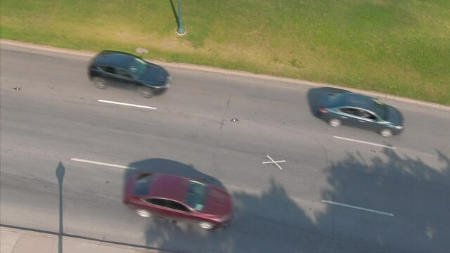 Aerial: X marking the spot in Dealey Plaza where President Kennedy assassinated. Texas, USA