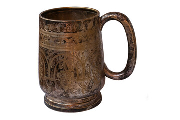 Old silver mug isolated. Shaded silver. Texture of silver sulfate on the surface of the cup.