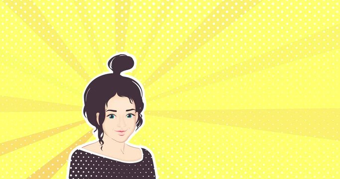 Animated popart style girl with empty place for inscription. Animation with messages. Web sizes useful for special offer and horizontal web banners etc.