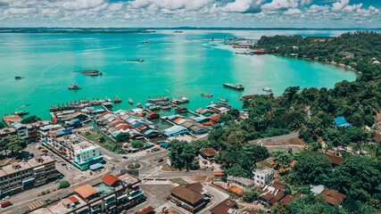 An aerial panorama view of Sandakan Town at Sabah. Sandakan is a city in the Malaysian state of...