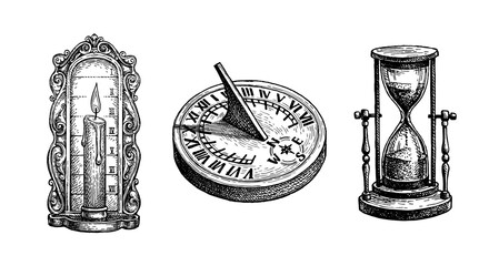 Different types of antique clocks. - obrazy, fototapety, plakaty