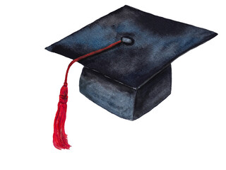 Black Graduation cap with red tassel, watercolor illustration hand drawn brush paint on paper isolated on white.  Education concept.