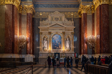 Budapest, Hungary - Feb 8, 2020: Tourists visiting nave of  St. Stephen's Basilica