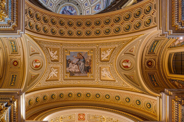 Budapest, Hungary - Feb 8, 2020: Luxarily decorated golden ceiling in St. Stephen Basilica