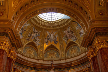 Budapest, Hungary - Feb 8, 2020: Cupola dome interior inside St. Stephen's Basilica