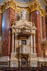 Budapest, Hungary - Feb 8, 2020: Granite pulpit in St. Stephen's Basilica