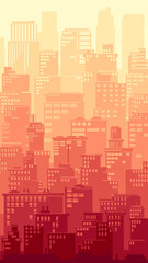 Vertical illustration of a stylized big city with downtown and skyscrapers at sunset colors.