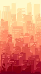 Foto auf Acrylglas Melone Vertikale Darstellung einer stilisierten Großstadt mit Innenstadt und Wolkenkratzern in Sonnenuntergangsfarben.