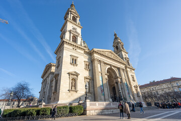 Budapest, Hungary - Feb 8, 2020: Ultrawide view of St. Stephen's Basilica exterior