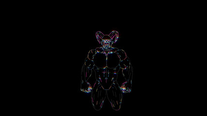 Glowing neon horned demon, a demon kneels with dignity