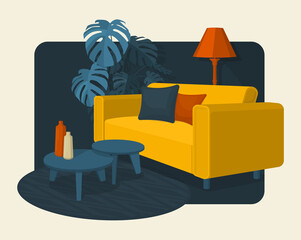 Scandinavian style interior vector fragment. Sofa with pillows and near the coffee table and floor lamp in style of art nouveau. Modern round carpet and in a circle. Monstera plant.