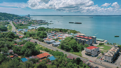 Obraz premium An aerial panorama view of Sandakan Town at Sabah. Sandakan is a city in the Malaysian state of Sabah, on the northeast coast of Borneo. 