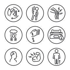 Vitamin D deficiency symptoms thin line icon set. Vector.