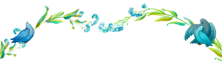 Delicate watercolor border of blue little flowers and a pair of pigeons, blue bird. Wedding background, floral ornament, floral banner for invitations, cards, stationery design.Family celebration