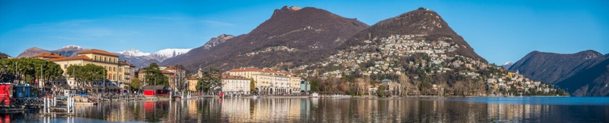 Fototapeta na wymiar City of Lugano on the Lake Lugano, gorgeous views on the promenade of Lugano in the canton of Ticino (Switzerland)