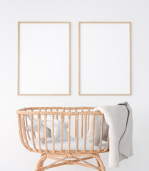 Obraz na płótnie Canvas Interior of the child room sleeping place for newborn. Closeup trendy wooden crib 3d illustration. Mock up frame