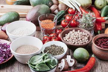 Colorful plant based vegan food. Ingredients