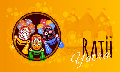 The festival Happy of Ratha Yatra, Lord Jagannath, Balabhadra and Subhadra. Vector illustration for greetings.