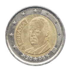 Two Euro coin of the Spain with a portrait of king Juan Carlos 1 isolated on a white background. Obverse