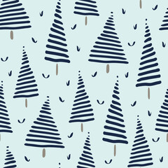 Seamless vector pattern with abstract trees on blue background. Beautiful artistic forest wallpaper design. Fashion fabric texture.