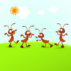 
Humorous ants. Vector illustration of the ants having activities under the sun.
