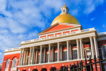 Boston Massachusetts freedom trail landmark. State house, America. Red brick post colonial style...