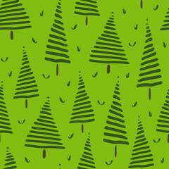 Fototapeta premium Seamless vector pattern with hand drawn trees on green background. Simple forest wallpaper design with abstract spruce trees. Natural fabric fashion texture.