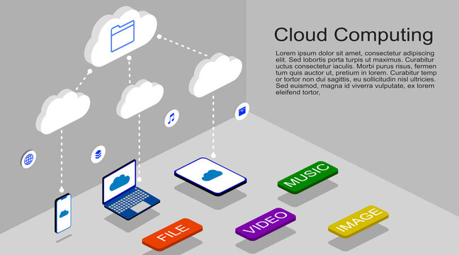 Cloud computing concept isolate on gray background with file and media label. Device and technology using a cloud computing. Vector Panoramic and copy space