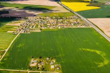 Fototapeta na wymiar top view of a sown green field and a small village in Belarus. Agricultural fields in the village.Spring sowing in a small village