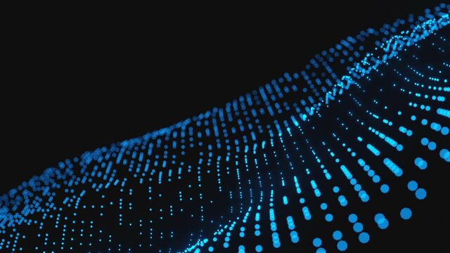 Blue futuristic wave particle stream Data Communication flying into digital technologic animation 3D rendering.