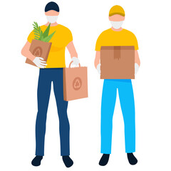 Delivery food safe during coronavirus pandemic. Quarantine epidemic, Safe contact delivery to home. Courier protected medical mask and gloves.