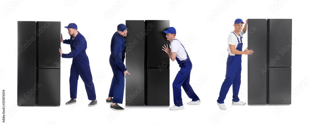 Sticker collage of workers carrying refrigerators on white background. banner design