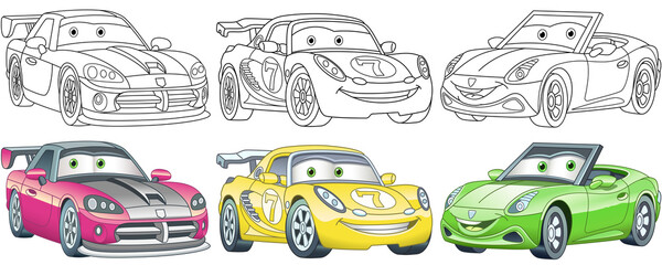Obraz premium Cartoon cars. Coloring pages for kids. Colorful clipart characters. Childish designs for t shirt print, icon, logo, label, patch or sticker. Vector illustration.